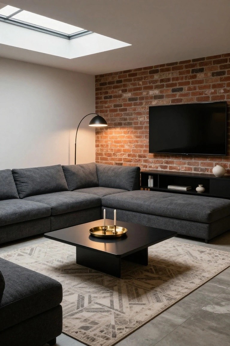 Modern living room with dark gray L-shaped sectional sofa including ottoman extension, low black rectangular coffee table on beige patterned rug, arc floor lamp, mounted TV on exposed brick accent wall, and skylight overhead.