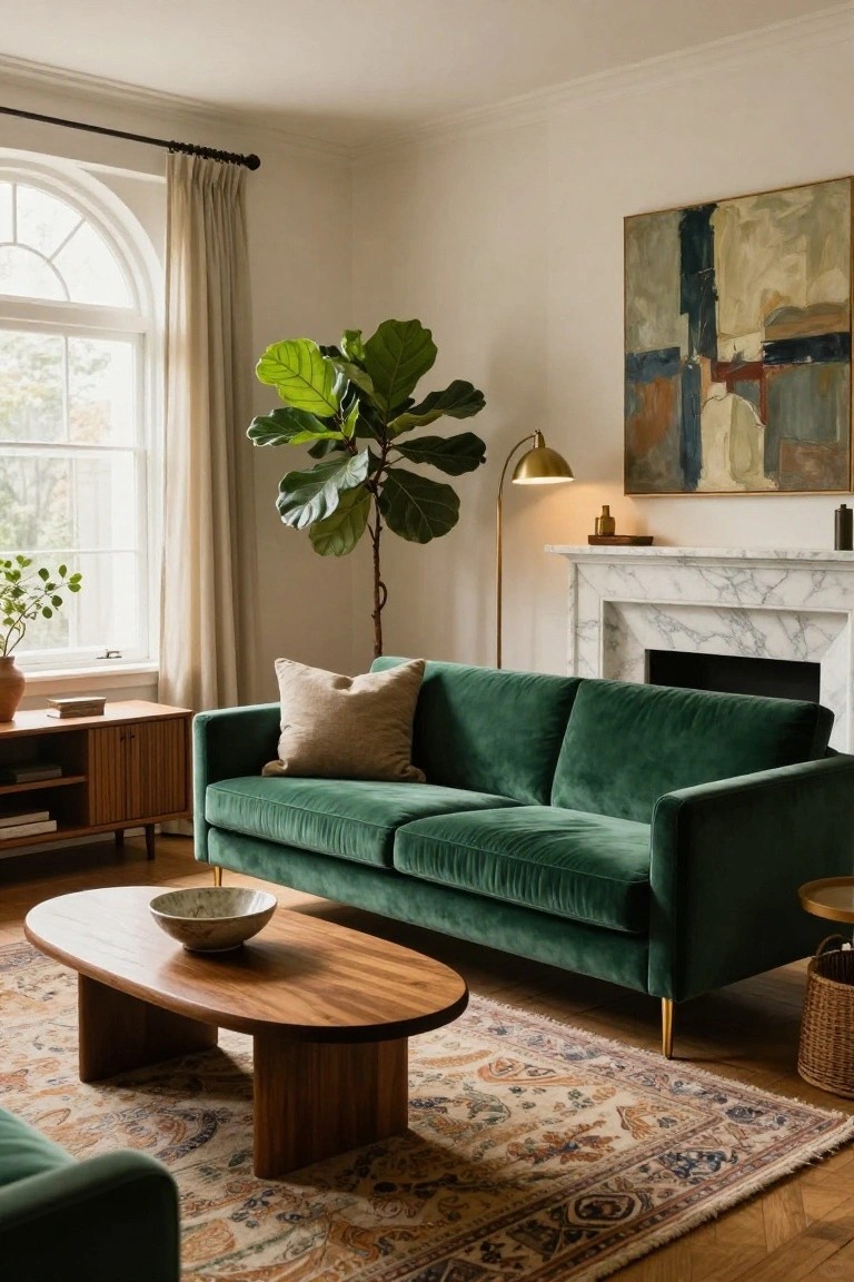 A green velvet sofa sits in a living room with white walls, a marble fireplace, wood coffee table, large potted plant, and abstract wall art.