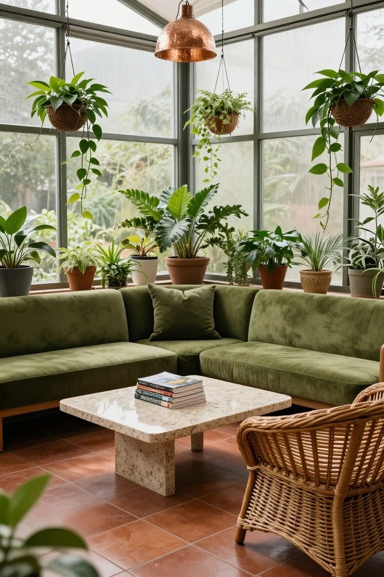 Green velvet L-shaped sofa in a glass-walled room overflowing with potted plants, a travertine coffee table with stacked books, and a wicker armchair on terracotta tile floor.