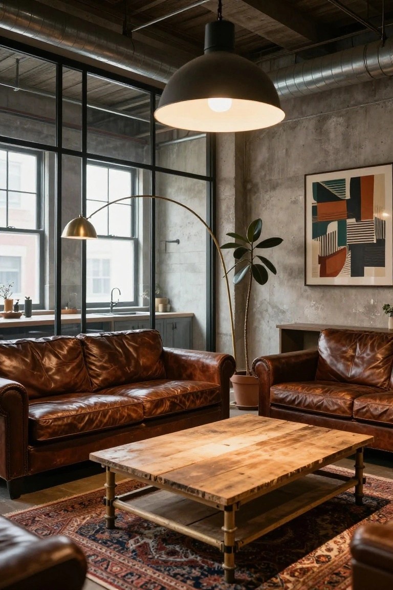 Industrial living room with two brown leather sofas facing each other around a rectangular reclaimed wood coffee table on a patterned rug, exposed ductwork overhead, pendant lights, and a tall plant nearby.