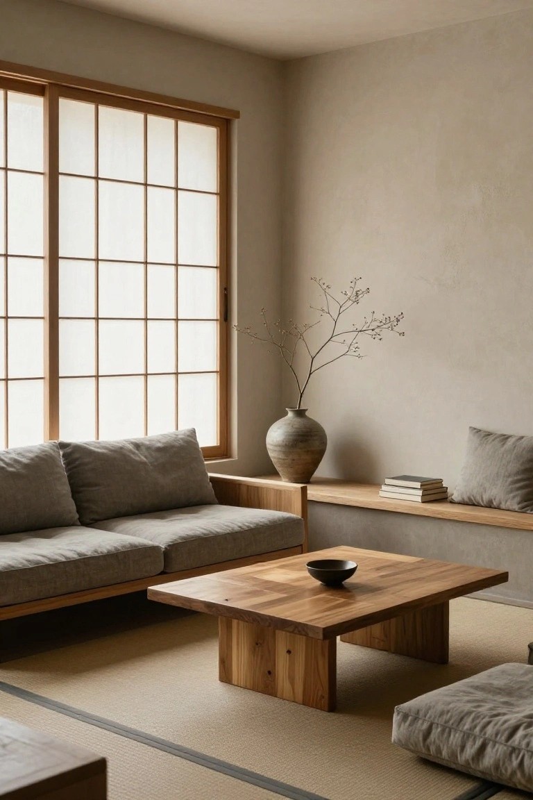 Minimalist indoor living room with shoji screen window, low gray linen sofa on wooden platform, low wooden coffee table holding black bowl, built-in shelf with vase and books, and tatami floor mats.