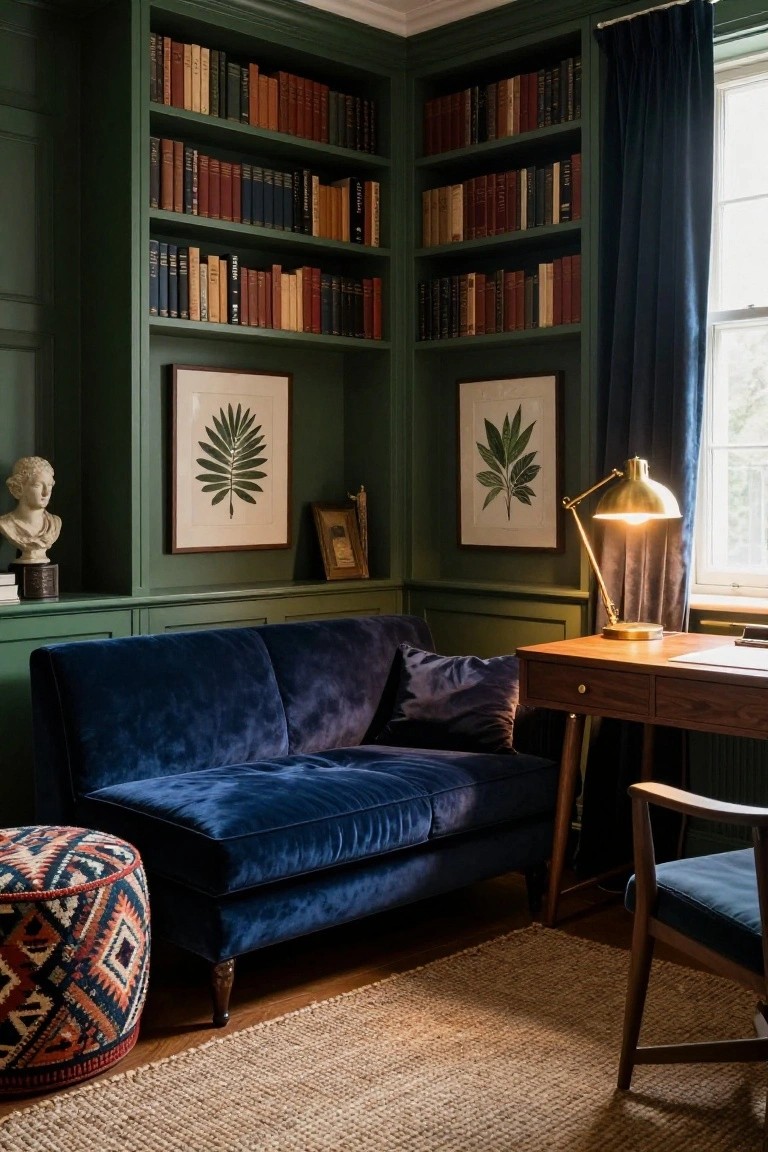 Corner of a green-paneled study room with bookshelves filled with books, a navy blue velvet loveseat and ottoman, wooden desk with brass lamp, blue chair, botanical prints, and classical bust on shelf.