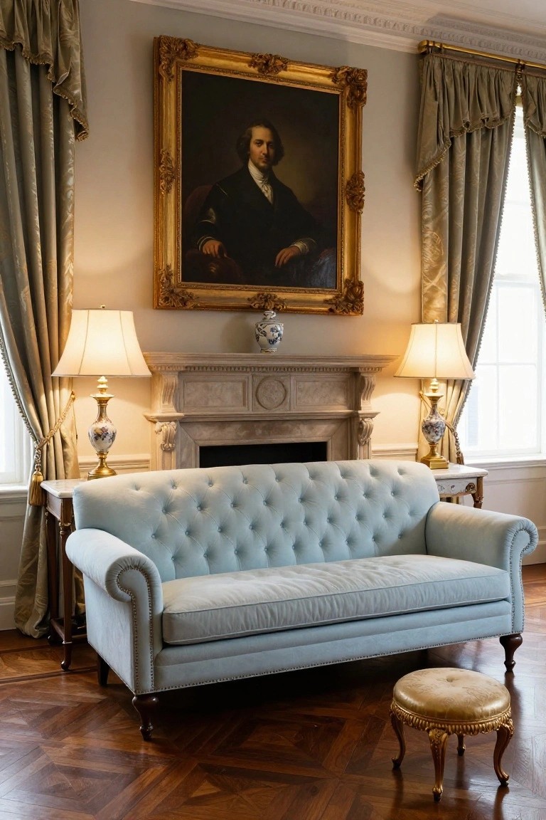Light blue tufted sofa with rolled arms and wooden legs in a traditional living room featuring a marble fireplace, antique lamps, gold-framed portrait, and parquet flooring.