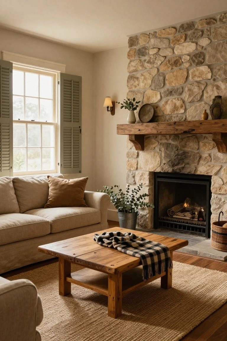 Cozy living room with beige slipcovered sofa, wooden coffee table draped in plaid, stone fireplace with fire lit, seagrass rug, and potted eucalyptus nearby.