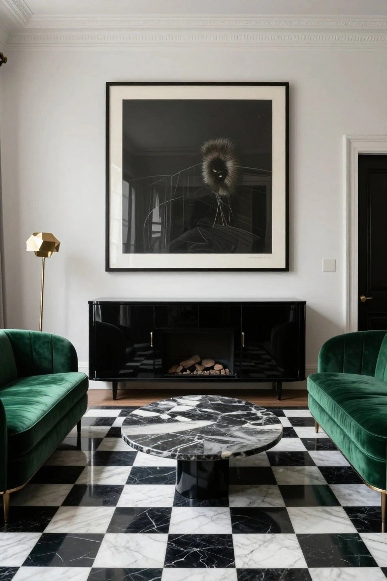 A living room with black and white checkerboard marble floor, two emerald green velvet sofas facing a black lacquer cabinet with fireplace, round black marble coffee table, gold geometric floor lamp, and large black and white abstract artwork on white wall.