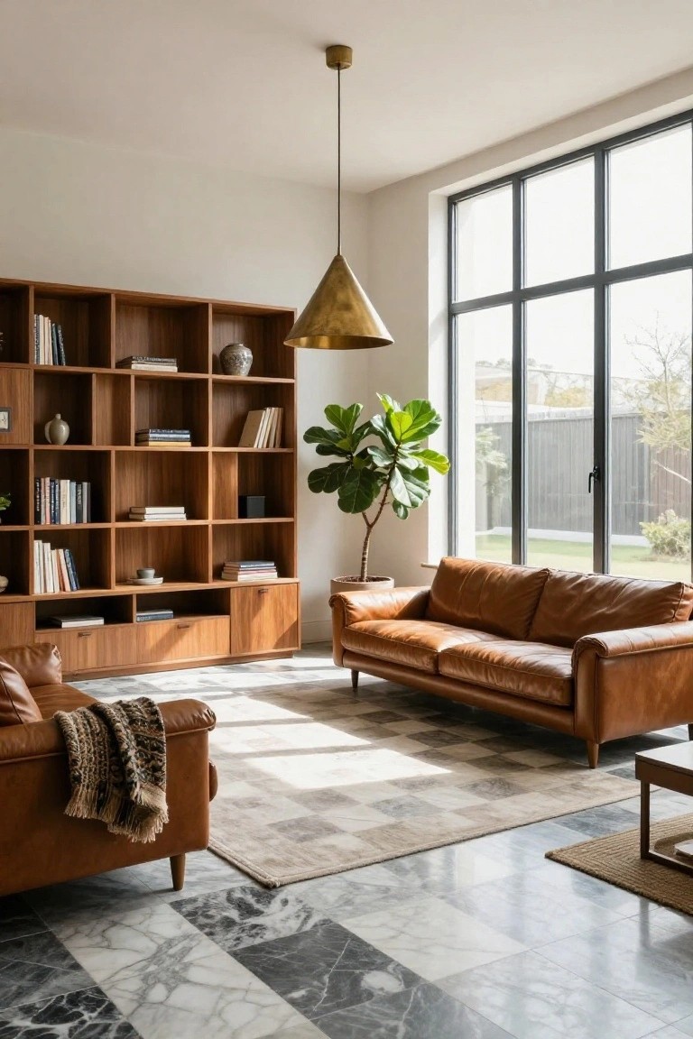Modern living room featuring tall wooden bookshelves filled with books and decor, two tan leather sofas with a throw blanket, a large potted fiddle leaf fig plant, brass cone pendant light, and black and white checkered marble floor under large windows with garden view.