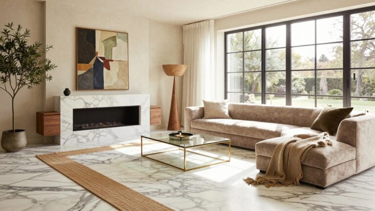Modern living room with light gray-veined marble floors, beige upholstered sofas, brass-edged glass coffee table, gas fireplace, potted olive tree, and large windows to outdoor greenery.