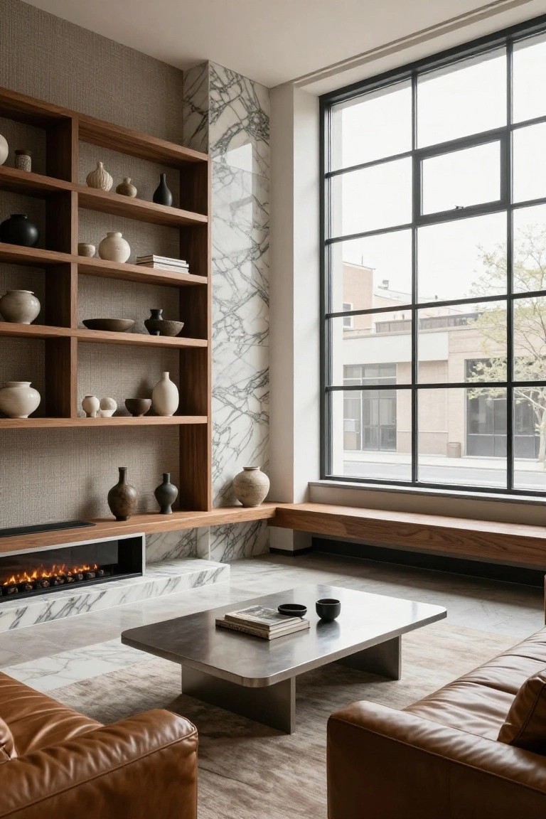 Modern living room with light veined marble flooring extending from under tan leather sofas to a linear gas fireplace on a marble plinth, wood built-in shelves with ceramics, brushed metal coffee table, and large black-framed windows.