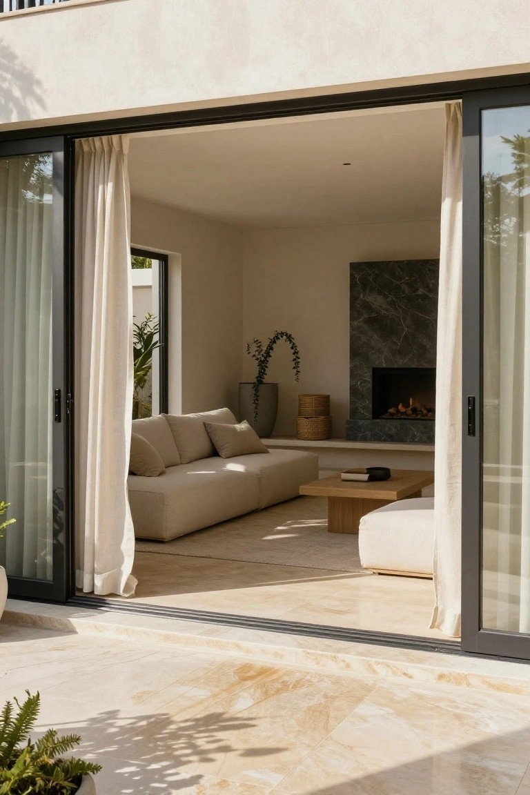 Modern living room with light beige veined marble flooring extending through open sliding glass doors to an outdoor patio, showing a low-profile cream sofa, black marble fireplace, potted plants, and neutral furnishings.