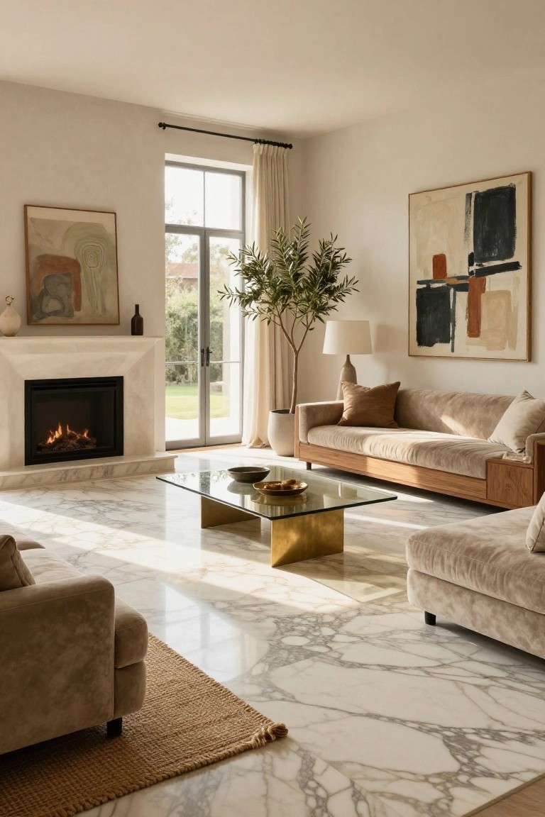 Modern living room with light gray-veined marble floors, beige upholstered sofas, brass-edged glass coffee table, gas fireplace, potted olive tree, and large windows to outdoor greenery.