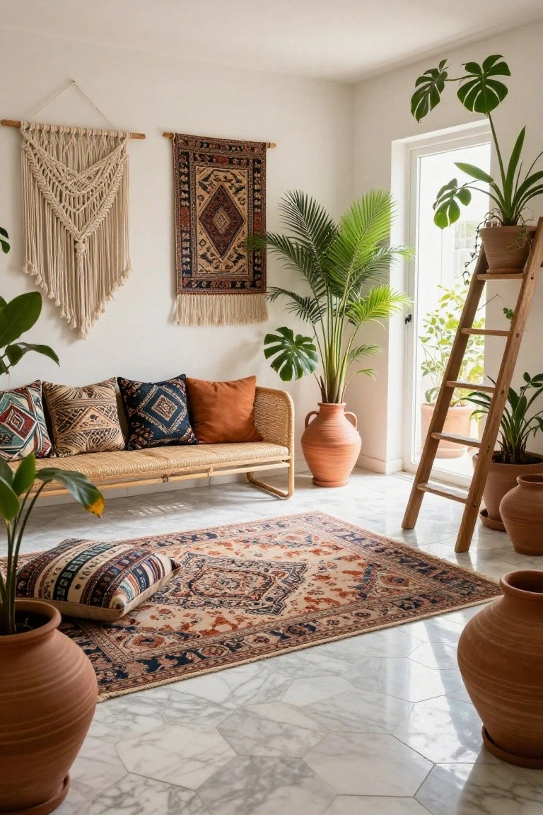 White hexagonal marble floor in a bright indoor room with rattan bench, colorful cushions, woven rug, macrame wall hangings, Persian rug, multiple terracotta pots with plants, and a glass door.
