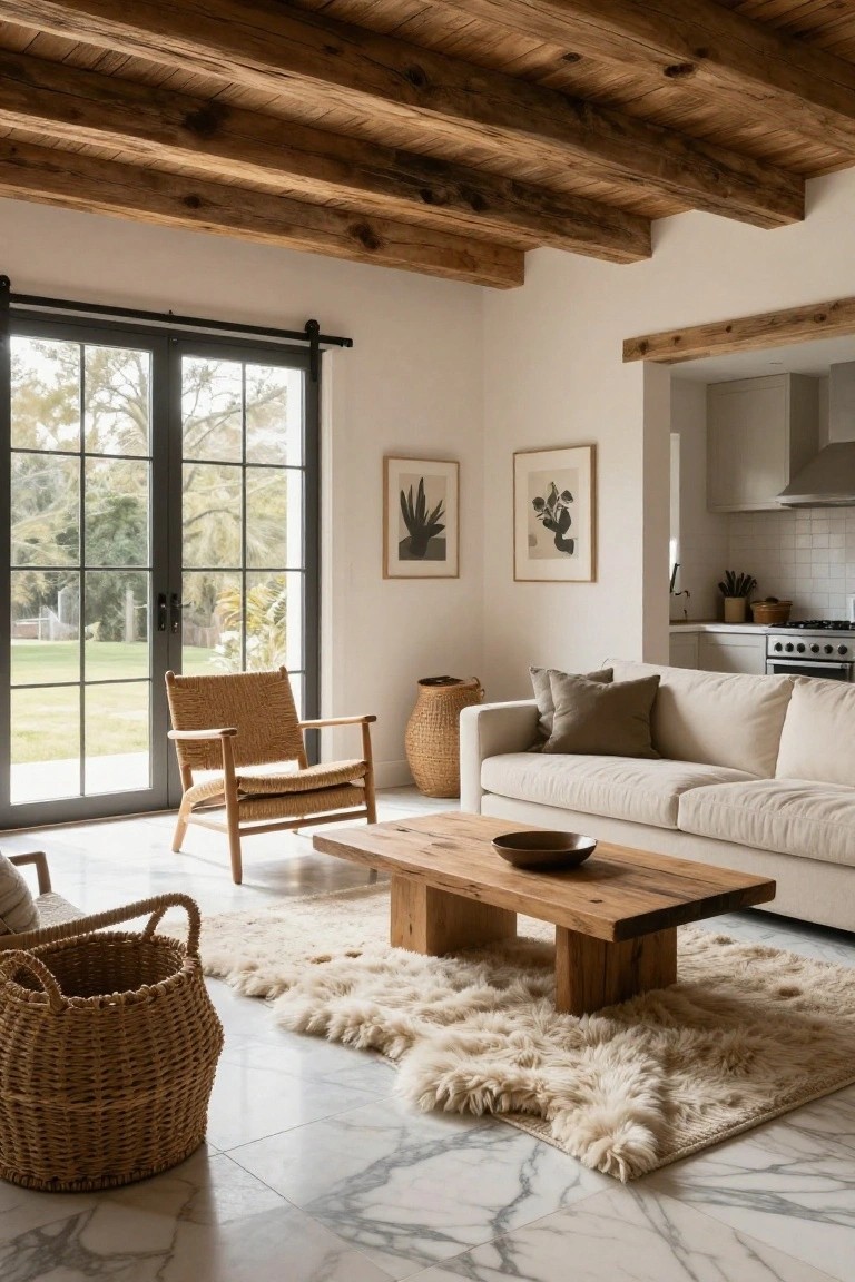 Living room featuring white veined marble floors, exposed wooden beams on the ceiling, beige linen sofa, rattan armchair, wooden coffee table, woven baskets, and French doors overlooking a lawn.