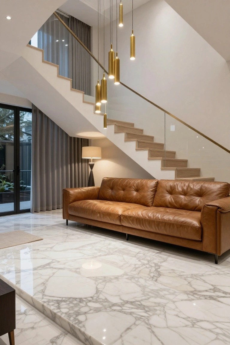 Modern living room interior with tan leather sofa on polished white veined marble floor, floating wooden staircase with glass and brass railing, multiple gold pendant lights, floor lamp beside gray curtains, and glass doors to garden.