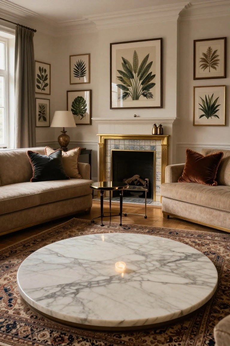 Living room with two beige upholstered sofas arranged around a round white veined marble coffee table on a large patterned rug, gilded fireplace with blue tiles, botanical prints on cream walls, brass side tables, hardwood parquet floor, and window with gray drapes.