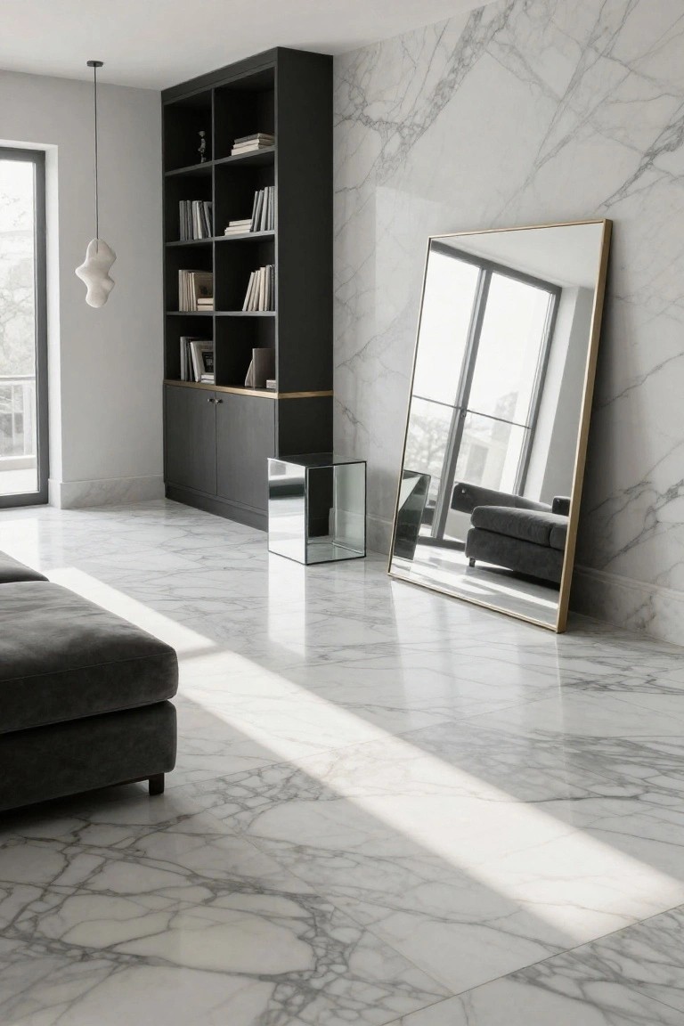 Modern living room with white veined marble flooring, black floor-to-ceiling bookshelves filled with books, large gold-framed leaning mirror, small mirrored cube table, gray fabric sofa, and large windows with views.