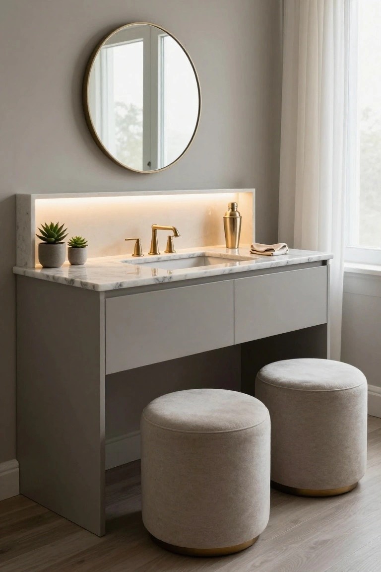 Gray floating bathroom vanity with white marble countertop and integrated sink, gold faucet and cocktail shaker on backlit niche shelf with two succulents, round gold mirror on wall, two cream pouf stools, sheer curtains on window, wood floor.