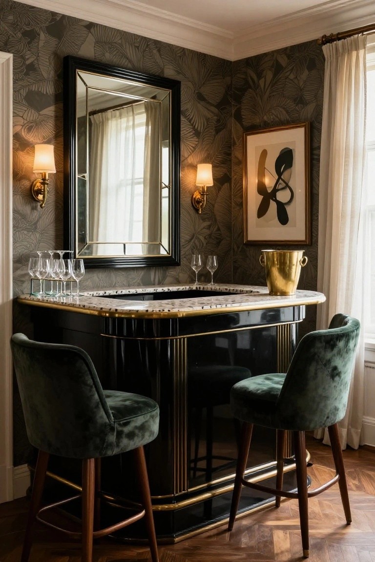 Curved black bar counter with gold trim and marble top, flanked by two green velvet barstools, champagne glasses, gold ice bucket, large mirror, and palm leaf wallpaper in a luxurious interior room.