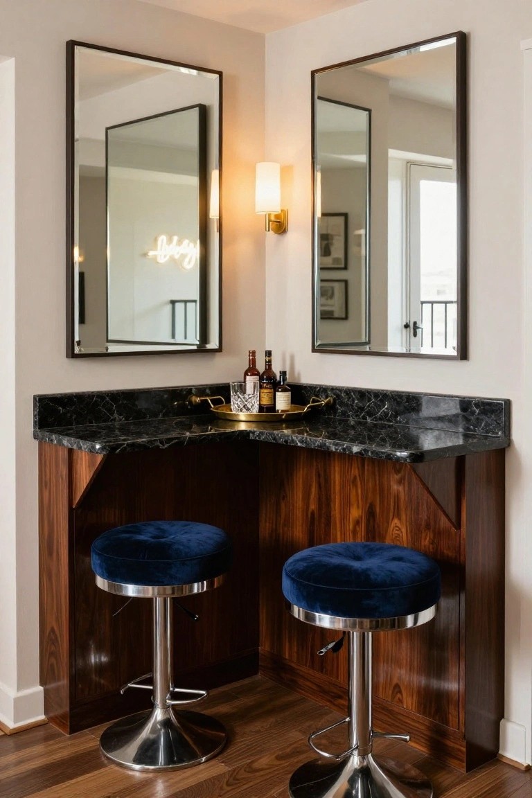 Corner bar setup with black marble countertop on walnut cabinetry, two blue velvet swivel stools, mirrored walls, wall sconce, neon sign, and displayed liquor bottles.