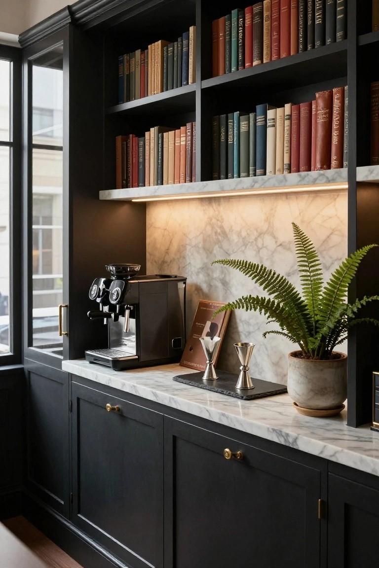 Dark wood built-in bookcases and cabinets with white marble countertop holding a black espresso machine, silver shakers on a slate tray, a potted fern plant, and assorted books.