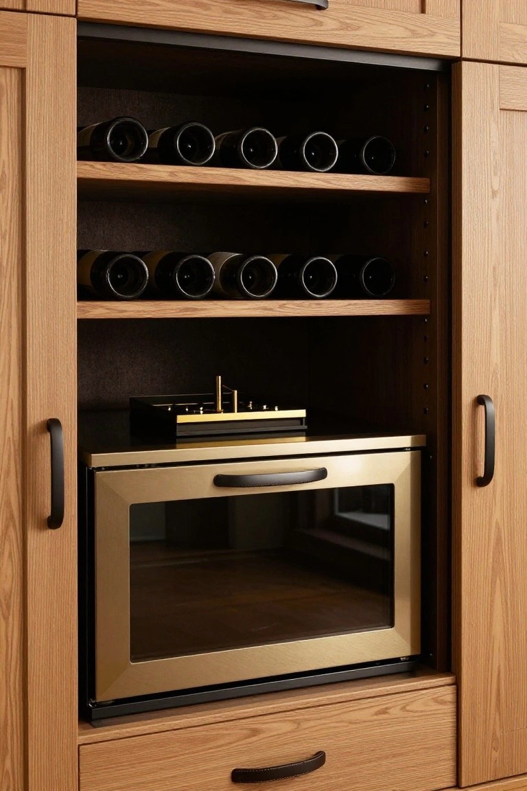 Open oak wood cabinet with wine bottle racks on upper shelves holding dark bottles, a black tray with gold wine accessories on a middle shelf, and a gold built-in oven with black handle at the bottom.