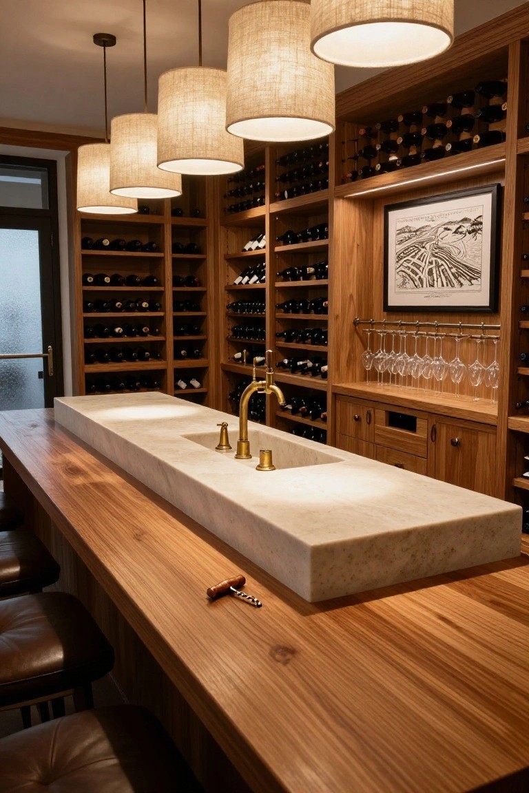 Wooden wine cellar room with extensive floor-to-ceiling shelves holding numerous wine bottles, a central light marble countertop bar featuring a brass faucet and sink, hanging wine glasses, leather bar stools, and a corkscrew on the wood surface.