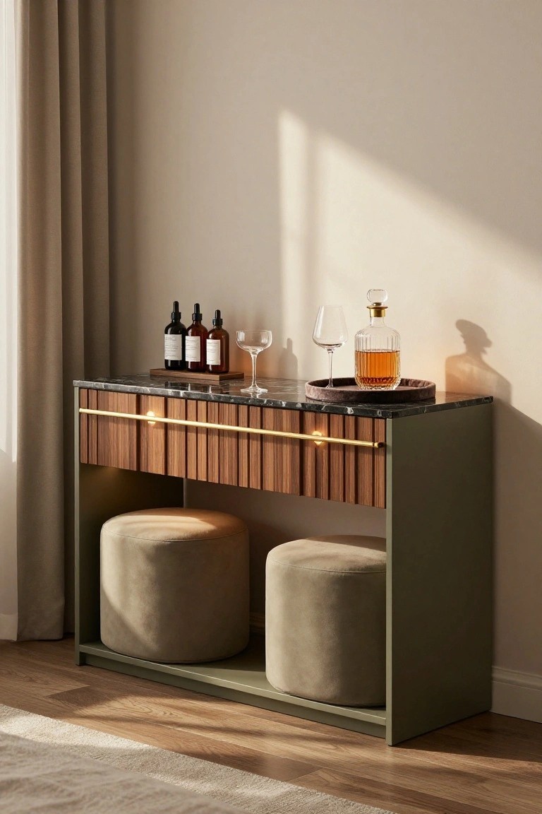 Green metal-framed console table with vertical wood slats, black marble top holding liquor bottles, decanter, and glasses, with two beige pouf stools stored underneath, against a beige wall with curtains.
