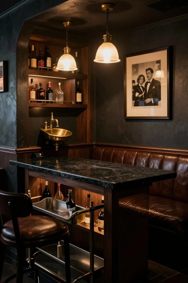 Compact interior bar nook with dark walls, wooden shelves displaying liquor bottles, brass sink, leather banquette seating along one side, bar stool, and serving cart.