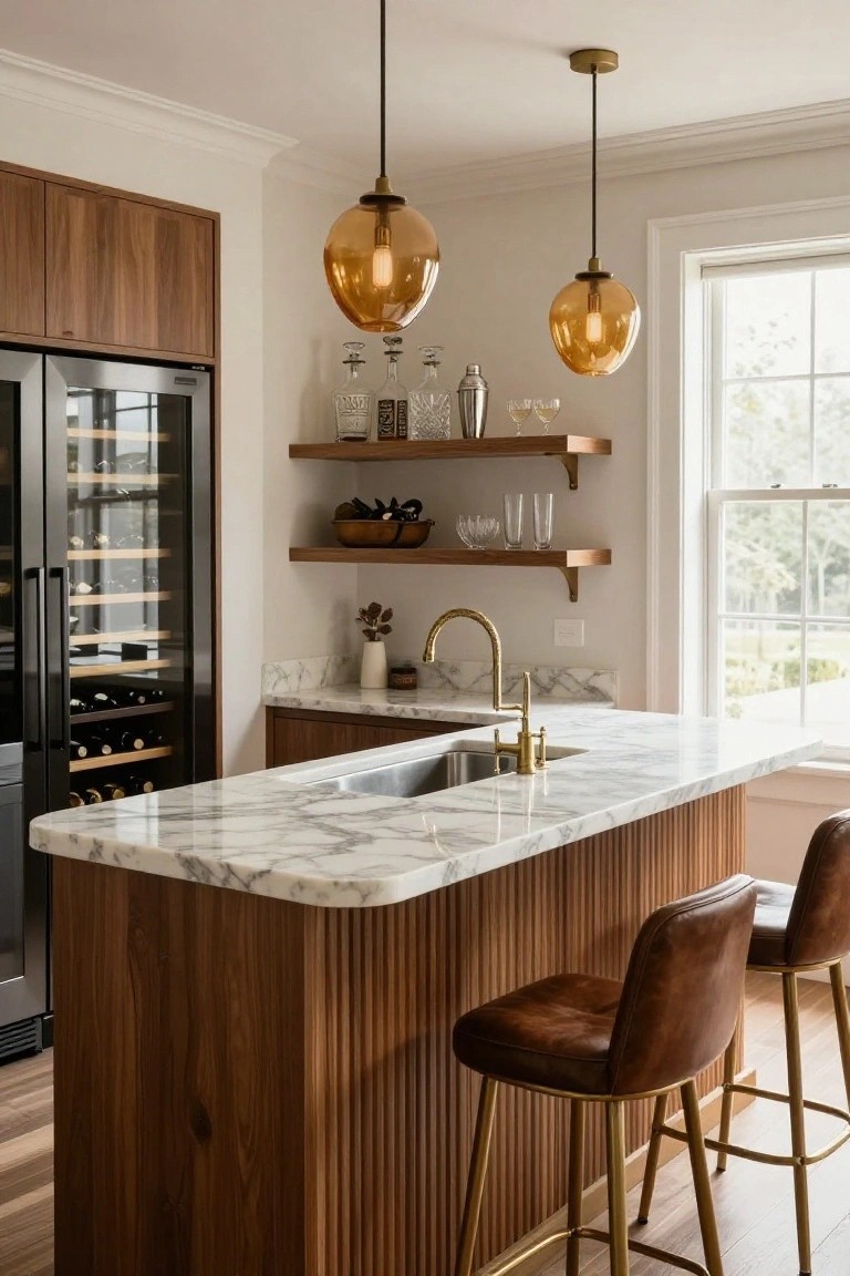 Kitchen bar area with fluted walnut wood island base, white marble countertop and sink with brass faucet, two tan leather barstools on gold legs, amber glass pendant lights overhead, floating wood shelves with glassware and bottles, and black double-door wine refrigerator nearby.