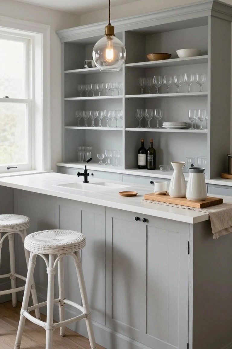 Light gray kitchen island bar with white countertop and sink, black faucet, rattan bar stools, wooden cutting board, and open upper shelving displaying glassware, plates, and bottles.