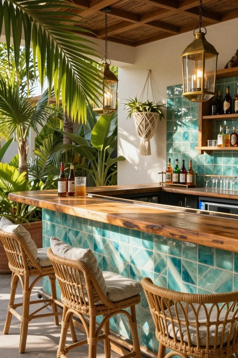 Outdoor bar with turquoise geometric tiled front, reclaimed wood countertop, rattan barstools with cushions, hanging brass lanterns, liquor bottles on shelves, and surrounding potted palms.