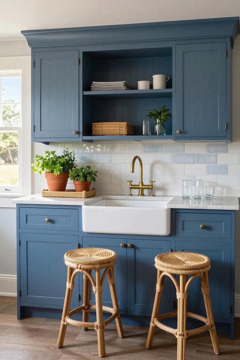 Navy blue painted kitchen cabinets with open shelves, white farmhouse sink, brass faucet, potted herbs on white marble countertop, glasses, and two rattan bar stools positioned in front.