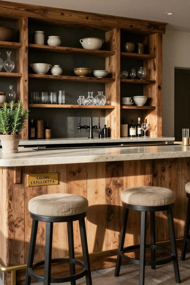 Wooden bar counter with open shelves displaying white pottery, glassware, bottles, and a potted rosemary plant, featuring a marble top, brass beer taps, a gold sign reading 