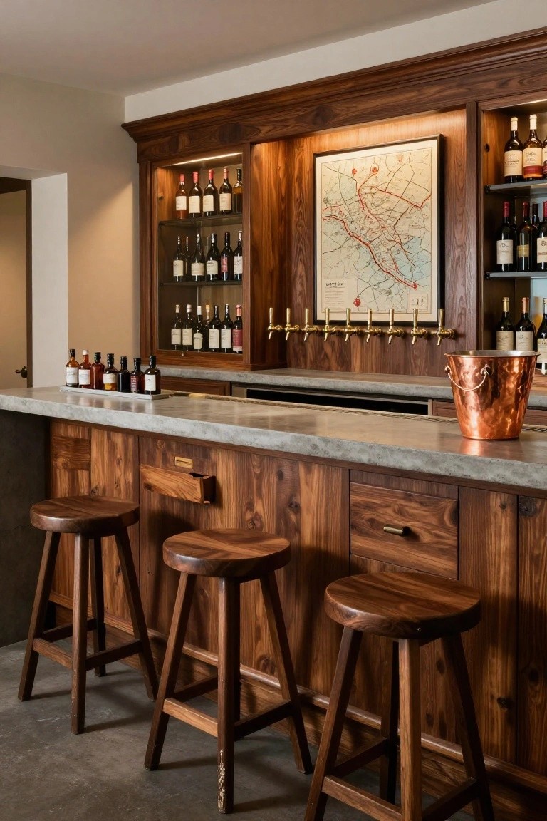 Wooden home bar counter with cabinets, backlit glass-fronted wine racks, beer taps on the wall, wooden stools, a copper ice bucket, and a framed map.