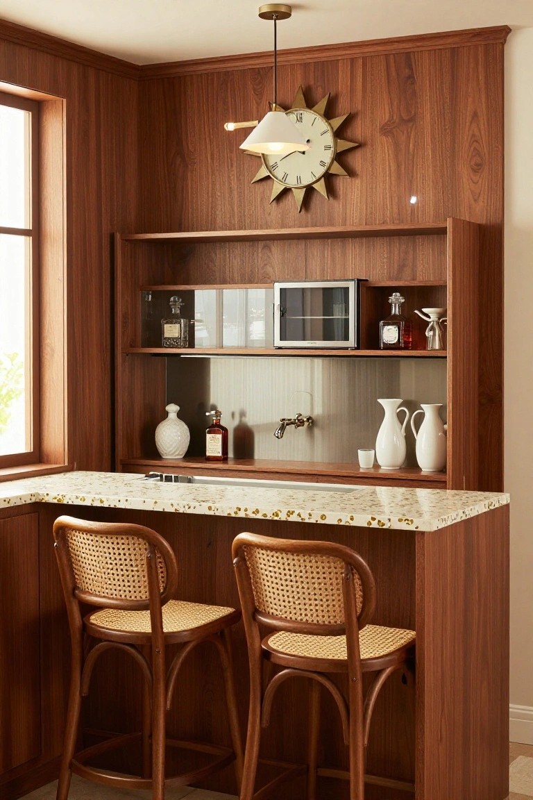 Corner indoor bar area featuring walnut wood paneling on walls and cabinetry, open shelves with liquor bottles and microwave, terrazzo countertop with sink, two rattan bar stools, and a sunburst wall clock.