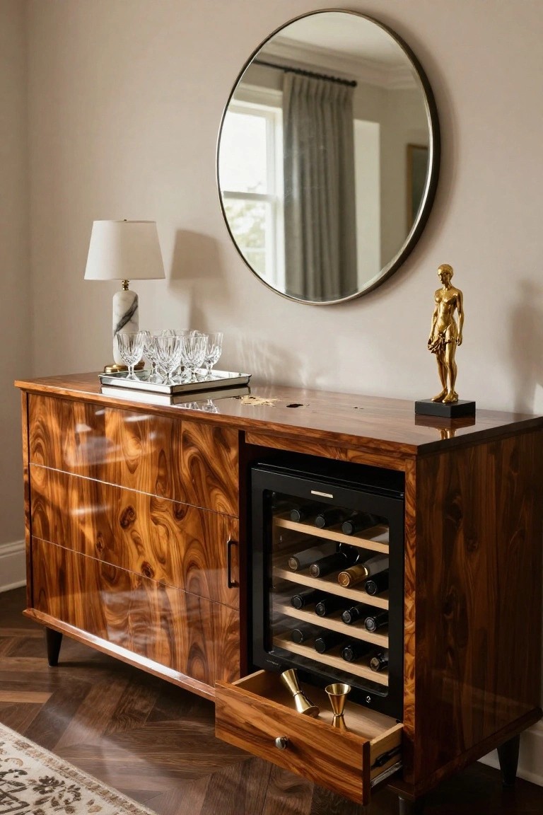 Glossy wooden credenza with built-in black wine fridge on the right, wine bottles inside, glasses and tray on top, open drawer with gold bar tools at bottom, gold statue and lamp nearby in beige room with herringbone floor.