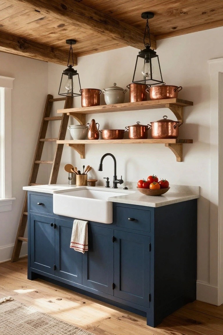 Kitchen with navy cabinets, white farmhouse sink under a large window, wooden ladder leaning nearby, open oak shelves holding copper pots and white ceramics, wooden beamed ceiling, utensils in a jar, and bowl of tomatoes on the counter.