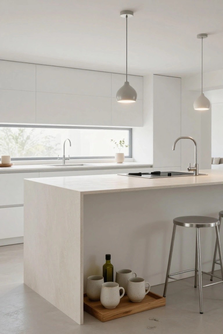 Minimalist white kitchen with cantilevered island, two metal bar stools, pendant lights, sink under a long horizontal window with tree view, and white cups on a wooden tray.