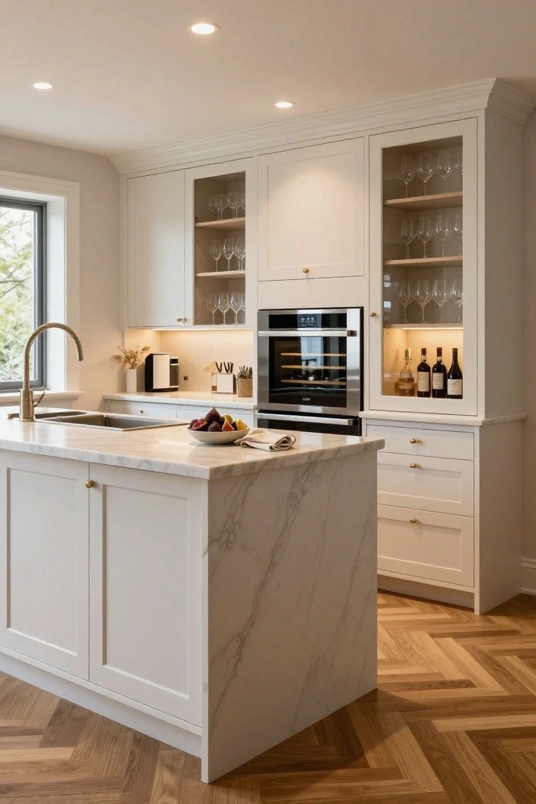 White kitchen with tall glass-fronted cabinets displaying wine glasses and bottles with interior lighting, marble island, brass faucet, oven, and herringbone wood floor.