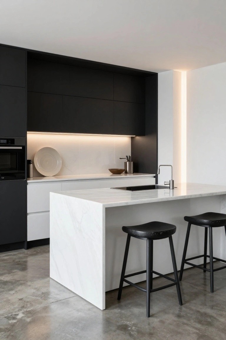 Modern kitchen with tall black cabinets, white marble island countertop including sink and cooktop, two black leather stools, under-cabinet LED lighting, and polished concrete floor.