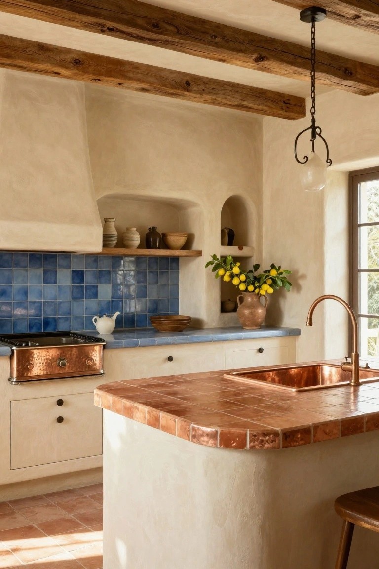 Rustic kitchen interior with curved white plaster walls, exposed wooden beams on ceiling, blue tiled backsplash, hammered copper stove and sink, terracotta tiled island countertop, wooden stool, and window light.