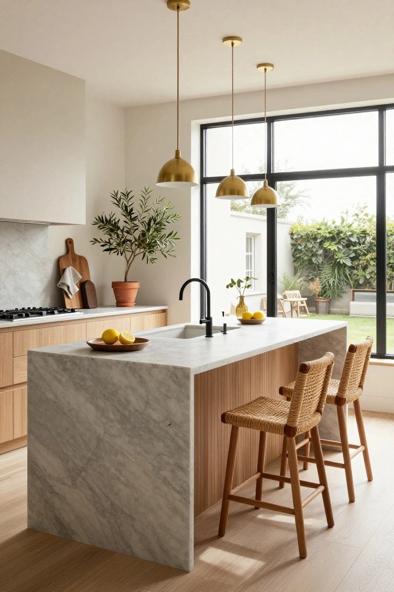 Modern kitchen with light oak cabinets, white marble waterfall island, rattan bar stools, black faucet at sink, wooden cutting board and lemons on counter, olive tree plant, and three brass dome pendant lights hanging above the island, large black-framed windows showing garden view.