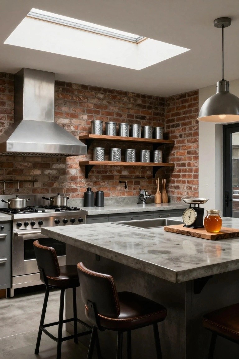 Modern kitchen with exposed brick accent wall, stainless steel range hood and oven, concrete island countertop, leather bar stools, metal canisters on shelves, and a large rectangular skylight in the ceiling.
