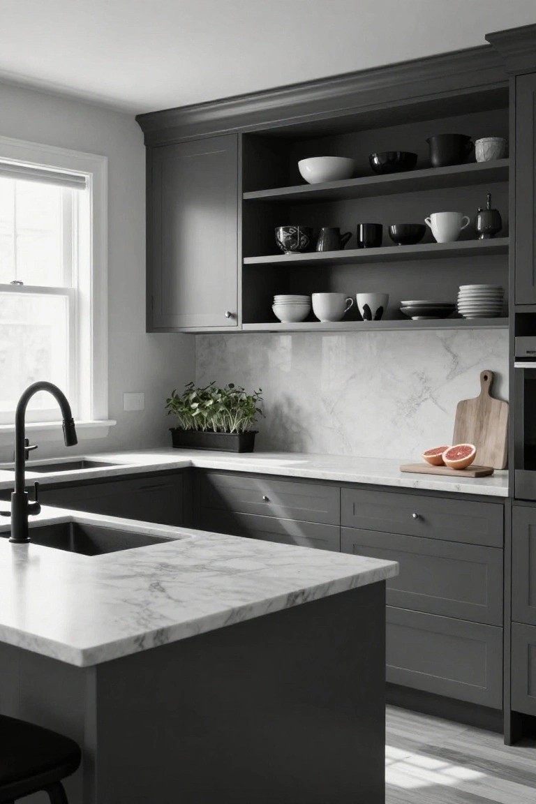 Kitchen featuring dark gray cabinets, white marble countertops and backsplash, open upper shelving with black and white ceramics, black faucet over sink, potted plants, wooden cutting board with grapefruit, and natural light from a nearby window.