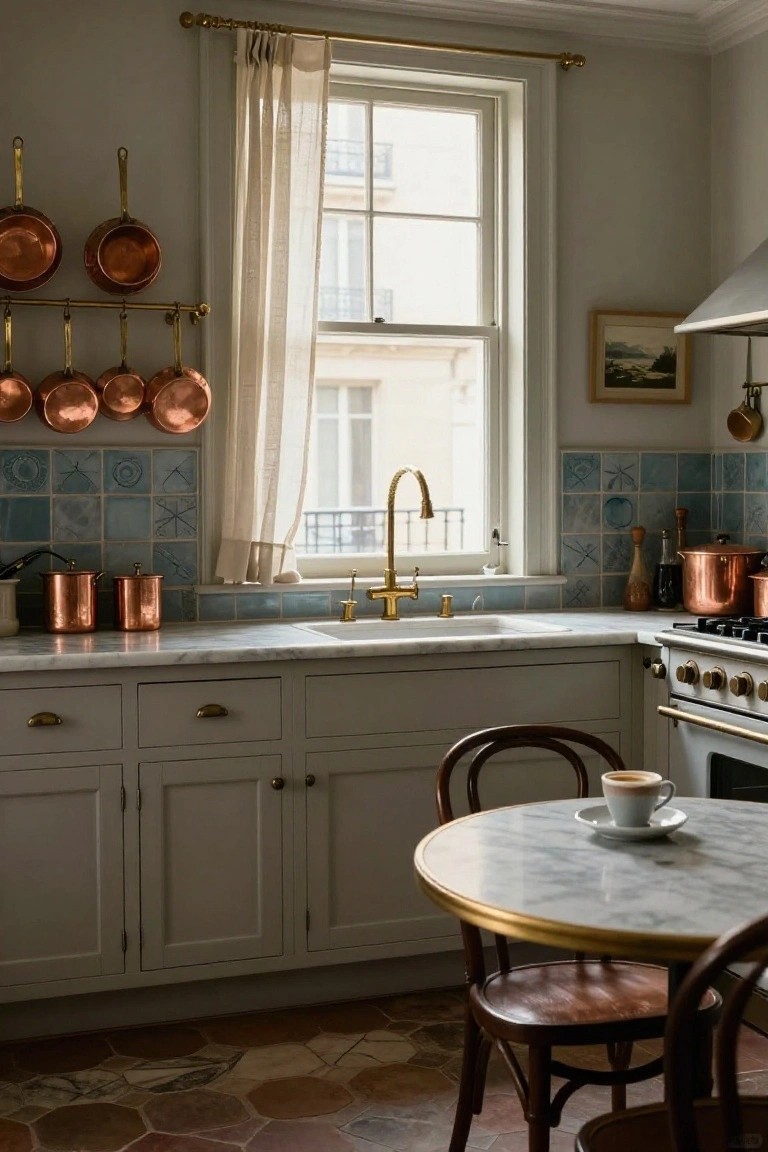 Light-filled kitchen interior with white shaker cabinets, blue hand-painted tile backsplash, hanging copper pots on brass rail, marble counters and table, wood chairs, and large window with sheer curtains overlooking buildings.