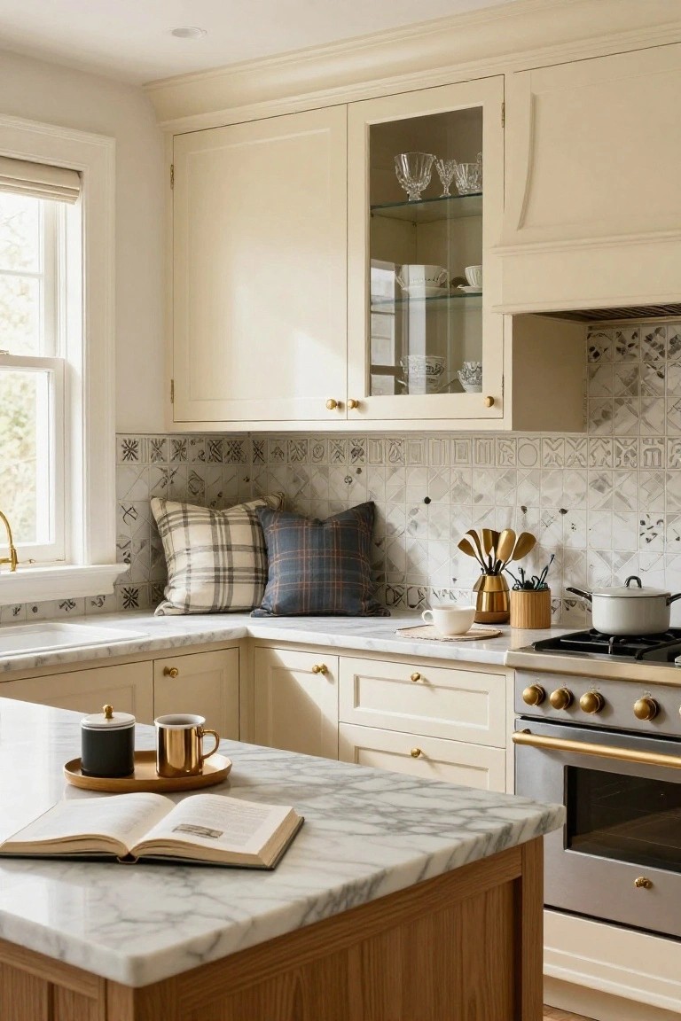 A luxury kitchen with pale cream cabinets, glass-front upper cabinets displaying dishes, intricate gray tile backsplash, white marble island countertop on wooden base, gold-handled gas range, and natural light from a side window.