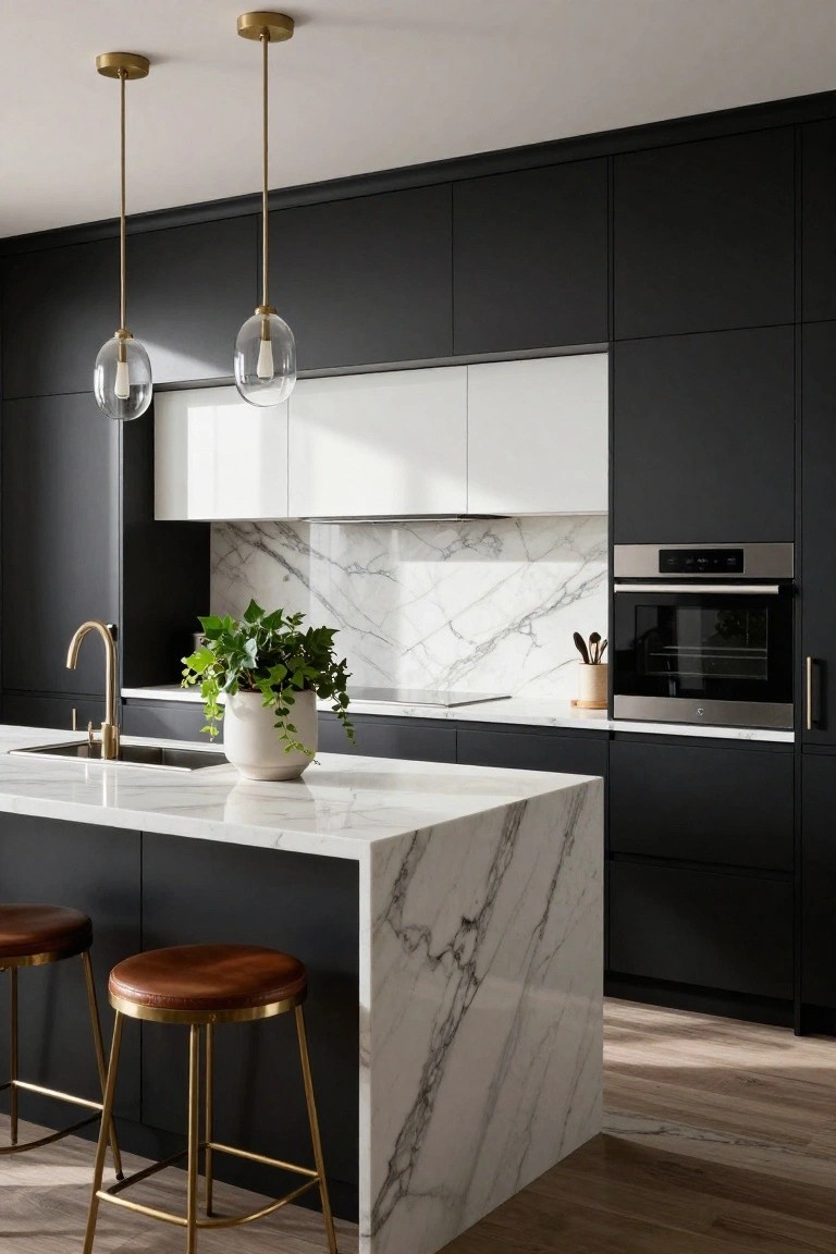 Modern kitchen interior with matte black cabinets, white veined marble waterfall island and backsplash, gold pendant lights, gold faucet, potted plant on island, wooden-handled utensils, and two leather bar stools with gold legs on hardwood floor.
