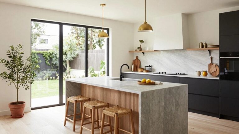 21 Light-Filled Luxury Kitchen Ideas That Glow Naturally Modern kitchen with light oak cabinets, white marble waterfall island, rattan bar stools, black faucet at sink, wooden cutting board and lemons on counter, olive tree plant, and three brass dome pendant lights hanging above the island, large black-framed windows showing garden view.