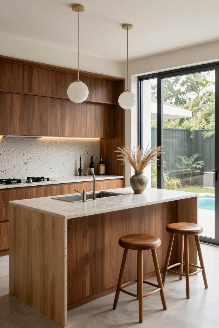 Modern kitchen featuring warm wood cabinets, white quartz countertops and island with sink, gas cooktop, herringbone tile backsplash, two round wood bar stools with leather seats, pendant lights, and large sliding glass doors to backyard pool area.