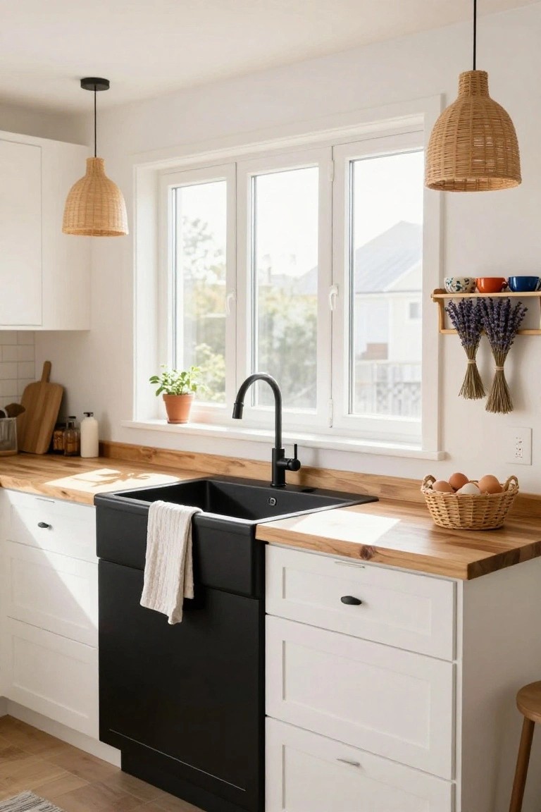 White kitchen cabinets with wood countertops, black farmhouse sink under a large triple window, rattan pendant lights hanging above, potted plant on windowsill, and basket of eggs on counter.