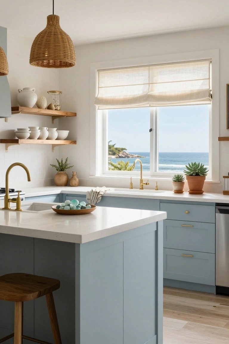 Coastal kitchen interior with pale blue lower cabinets and island, white quartz countertops, gold gooseneck faucet, wooden bar stool at island, rattan pendant light, open wooden shelves holding white bowls and ceramics, large window with beige roman shade overlooking ocean and plants.